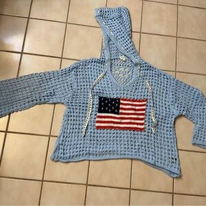 Pol - American Flag Open Knit Crochet Sweater Top Sz Small NWOT! Blue
